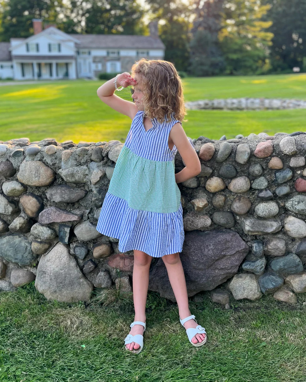 Girls Annika Dress in Seersucker Color Block | Duffield Lane