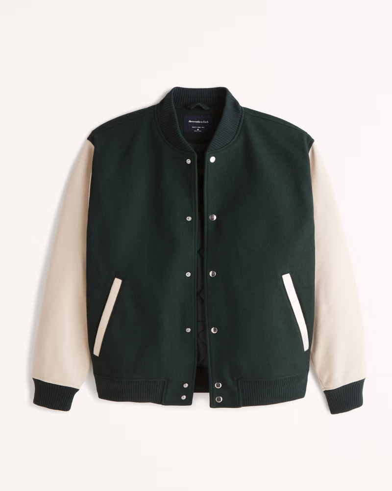 Abercrombie & Fitch Men's Varsity Bomber Jacket in Green - Size XS | Abercrombie & Fitch (US)