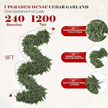 9FT Thick Christmas Garland with 240 Cedar Branches, Real Touch Green Cedar Garland for Christmas... | Amazon (US)