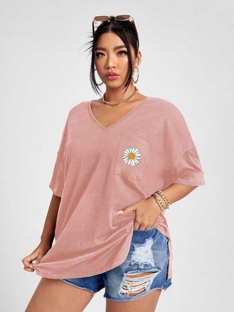 SHEIN EZwear Plus Floral Print Longline Tee | SHEIN