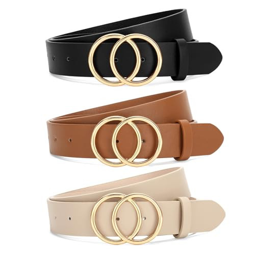 SANSTHS 3 Pack Women Waist Belts for Jeans Pants Dresses, Ladies Belt with Double O-Ring Gold Buckle, Black+Brown+Beige M | Amazon (US)