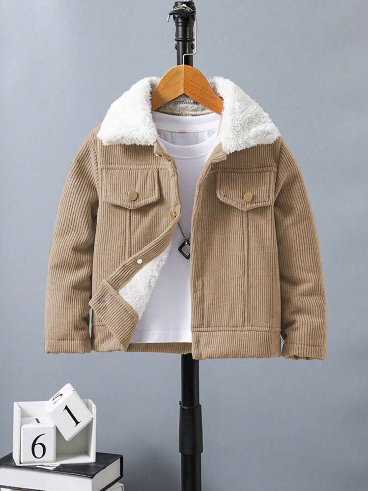 SHEIN Young Boy Borg Collar Flap Detail Corduroy Coat | SHEIN