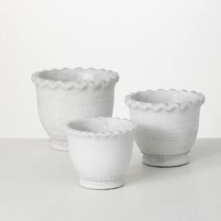 SULLIVANS 6.5", 6", and 5" Whitewashed Scalloped Edge Cement Pot (Set of 3) CMT1211 - The Home De... | The Home Depot