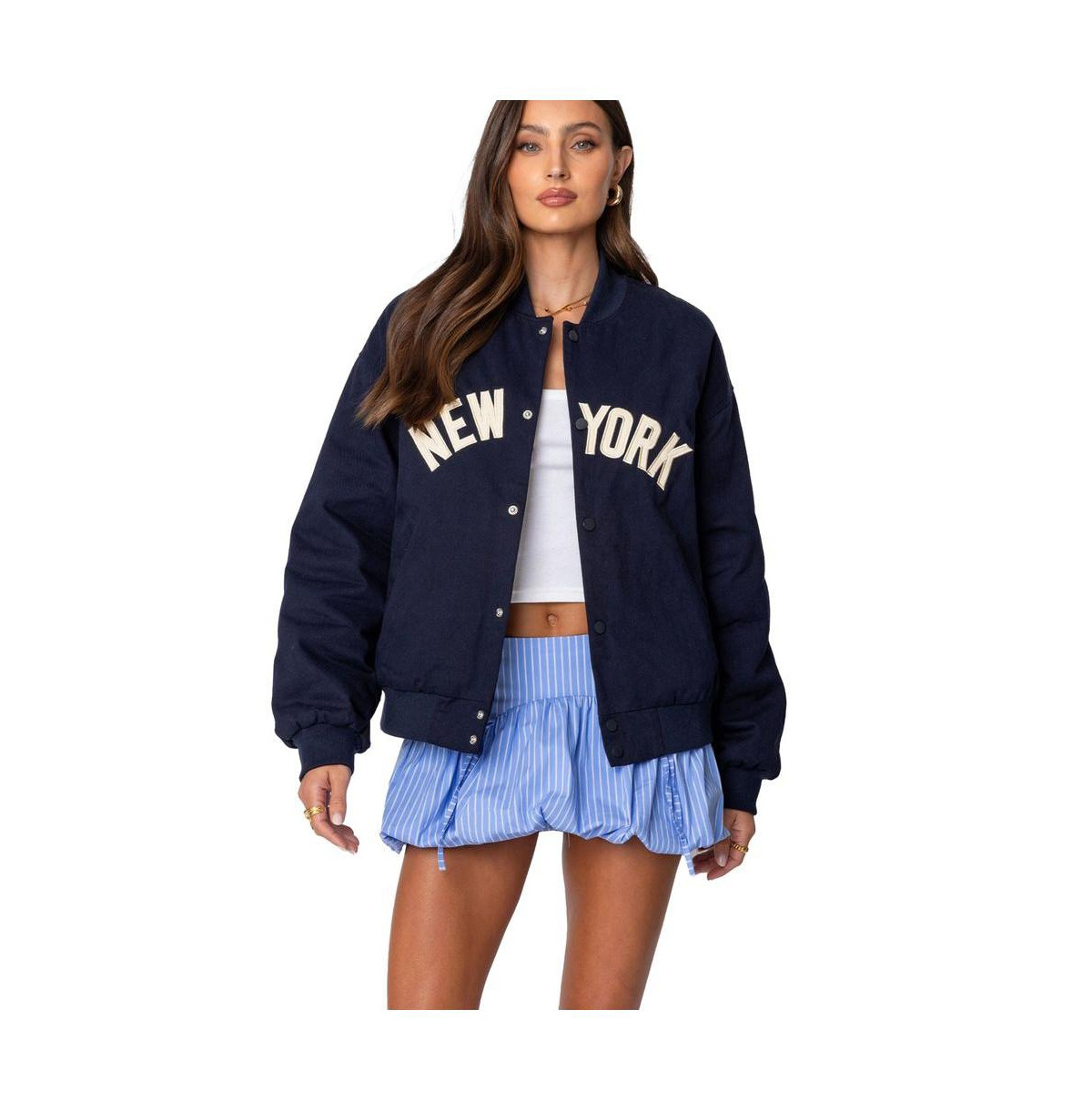 Edikted Women's Big Apple Oversized Bomber Jacket - Navy | Macy's