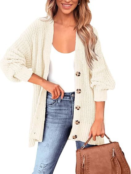 BTFBM Women's Button Down Cardigan Coat Long Sleeve Fall Winter Clothes Loose Chunky Knit Open Fr... | Amazon (US)