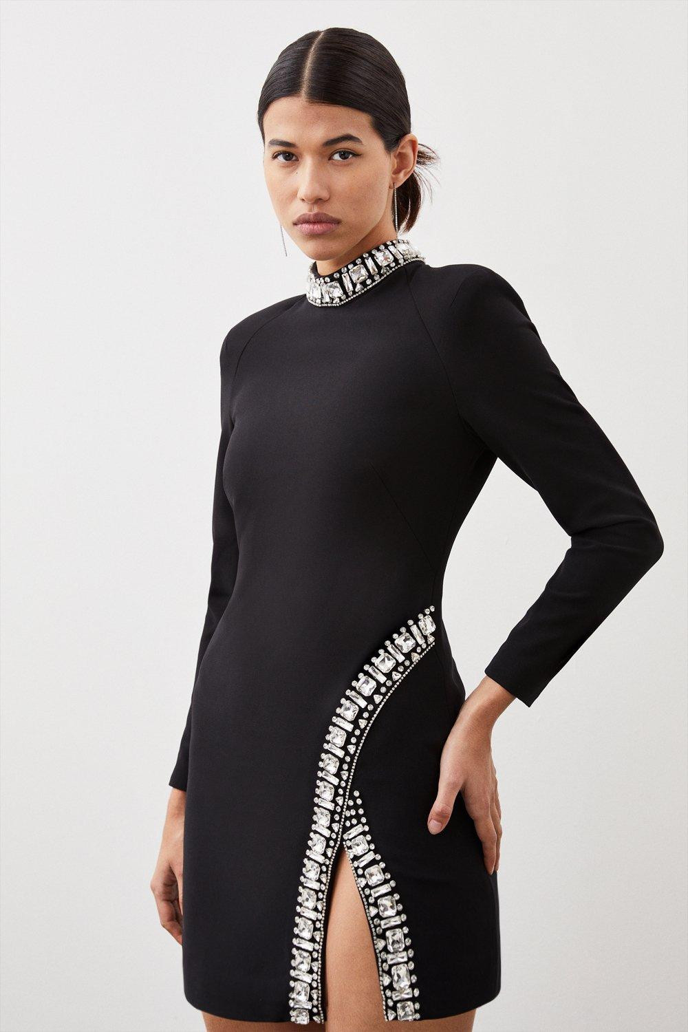Petite Crystal Embellished Woven Long Sleeve Mini Dress | Karen Millen UK + IE + DE + NL