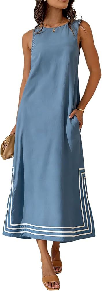 SKIKYAN Women's Summer Sleeveless Maxi Dress Casual Loose Fit Tank Dress Contrast Striped Embroid... | Amazon (US)