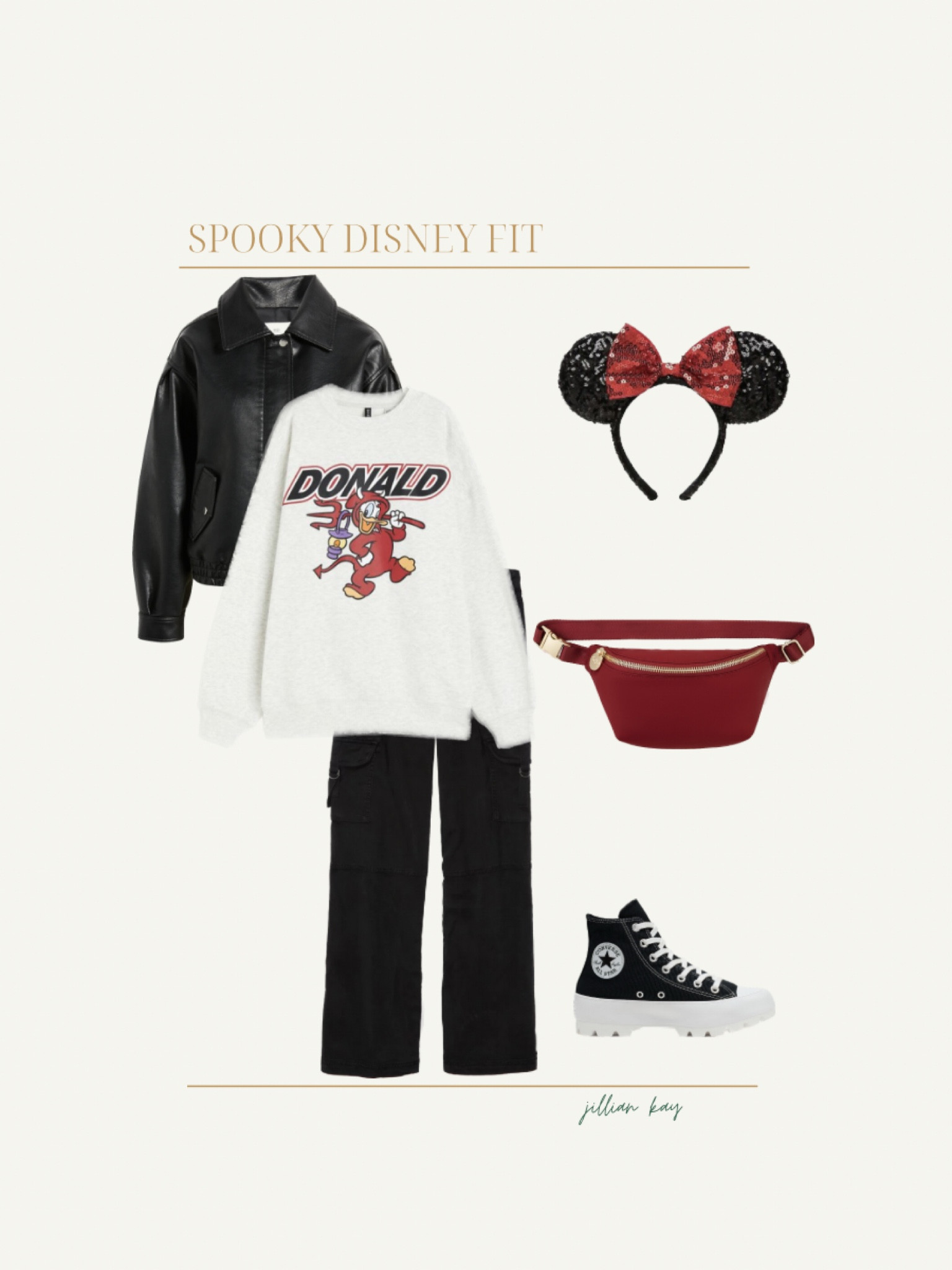 Spooky season disney outfit ✨🖤

Donald crewneck: H&M
Jacket: Nordstrom
Cargo pants: Aerie
Ears: Shop Disney/Disneyland (linked on EBay)
Fanny pack: Stoney Clover Lane
Shoes: Converse

Linked some extra cute and festive accessories! 

Ig: @jkyinthesky 

#disneystyle #disneyootd #disneyaesthetic #disneyhalloween #donaldduck #disneystreetstyle #converse #stoneyclover #aestheticfashion #aestheticfallfashion #fallfashion #disneylifestyle #thatdisneygirl 

#LTKHalloween #LTKSeasonal #LTKstyletip