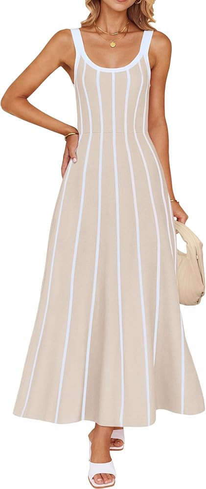 ZESICA Wome's Summer Sleeveless Striped Midi Dress 2025 Knit Casual Elegant A Line Swing Long Dre... | Amazon (US)