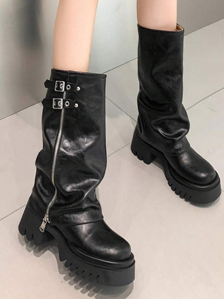 Women's Black Platform Slouchy Boots Round Toe Mid Calf Boots Slouch Fold Over Tall Boots Riding Boots Low Heel Wide Calf Motorcycle Boots | SHEIN
