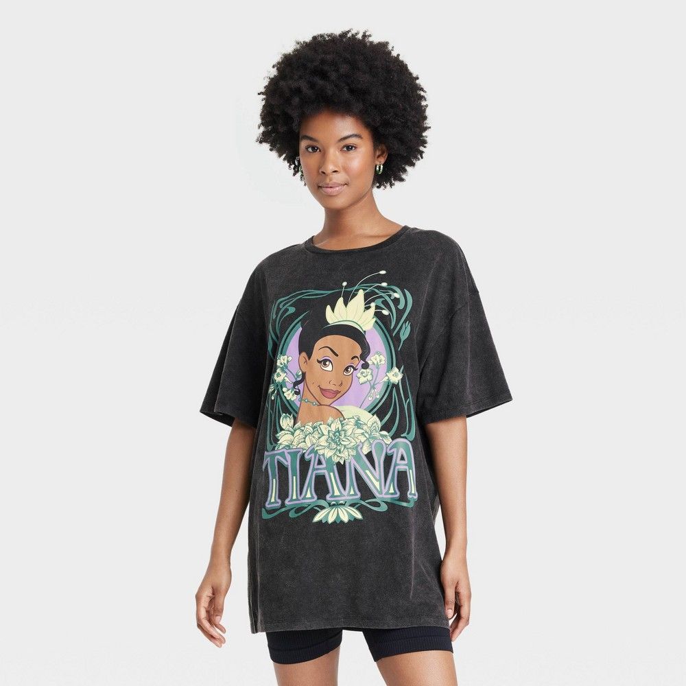 Women's Disney Princess Tiana Short Sleeve Oversized Graphic T-Shirt Dress - Black S/M | Target