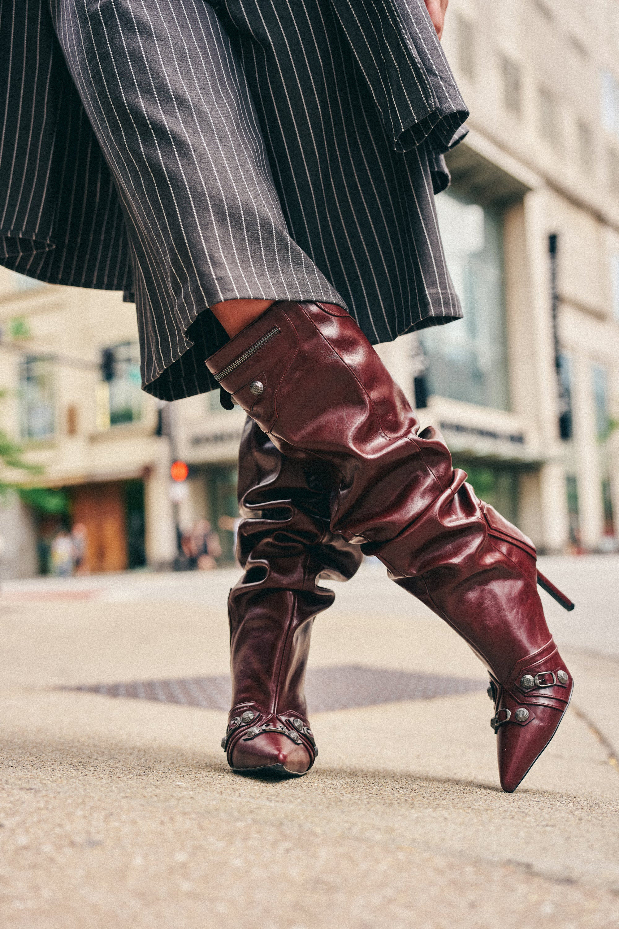Burgundy Ruched Stiletto Boot with Hardware | AKIRA | AKIRA