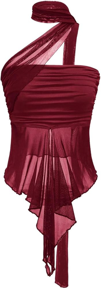 OYOANGLE Women's Sheer Ruffle Trim Halter Tops Asymmetrical Hem Ruched Sleeveless Fitted Crop Top... | Amazon (US)
