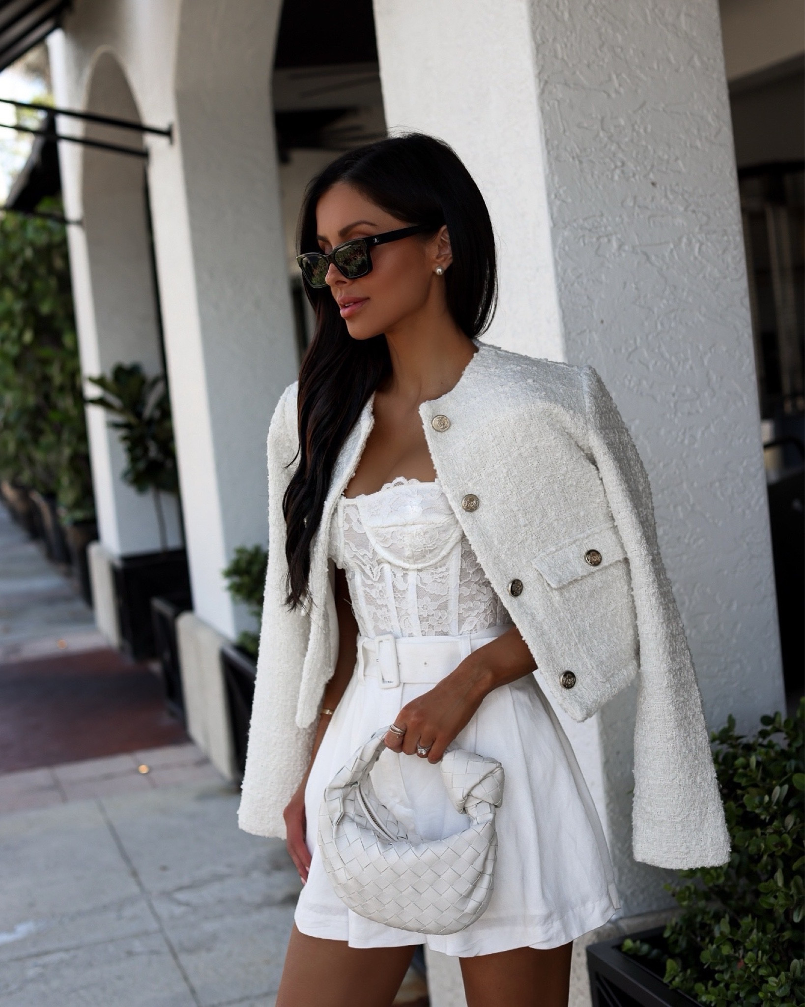 Resort wear outfit ideas / vacation outfit 
Lace bustier top wearing an XS
White linen shorts 
Platform heels 
Bottega Veneta mini Jodie bag 



#LTKstyletip #LTKSeasonal #LTKtravel