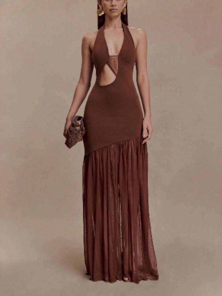 Chocolate Brown Halter Deep V Waist Cutout Asymmetrical Mesh Fringe Maxi Dress Bodycon Evening Cl... | SHEIN