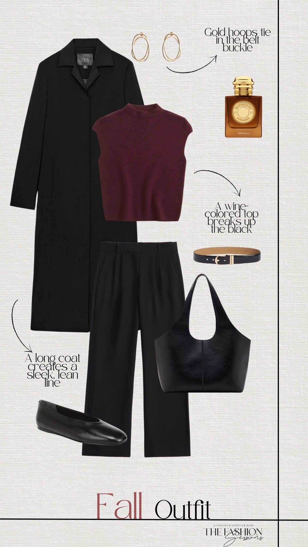 Fall outfit idea: a black long coat, burgundy sweater vest, and black wide leg trousers. A wine colored top breaks up the all-black look, and the gold hoops tie in the gold belt buckle. Finished with black ballet flats, a black leather tote, and Burberry Goddess perfume. Works for the office, dinner, or layering into winter. Shop the exact pieces below.

#LTKootd #LTKSeasonal #LTKOver40