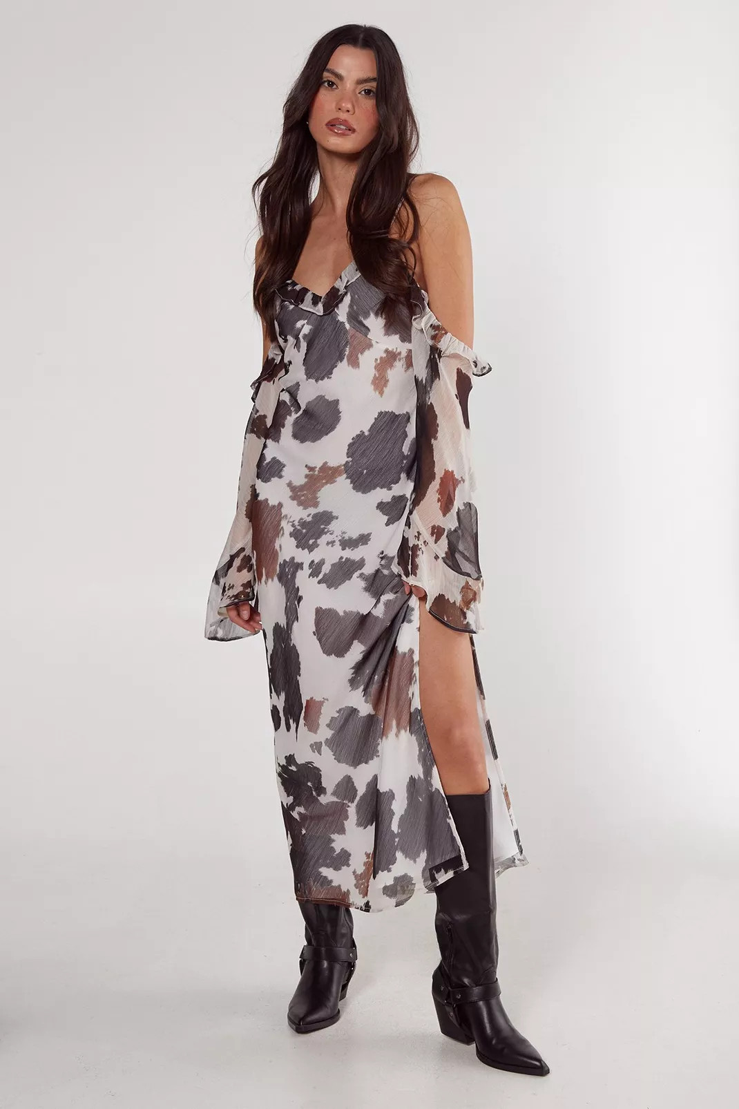 Cow Chiffon Cold Shoulder Bias Cut Split Maxi Dress | Nasty Gal US