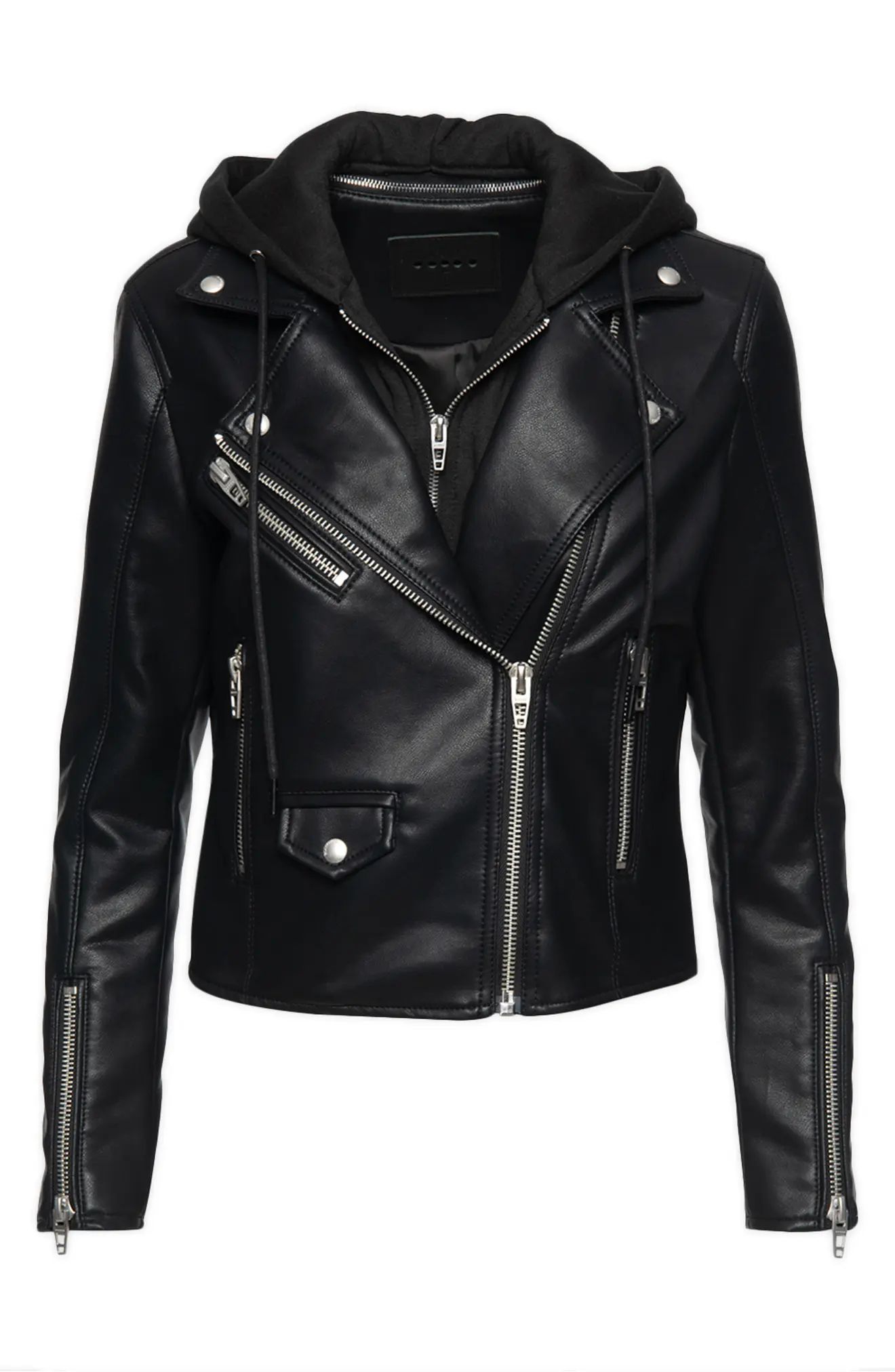 Women's Blanknyc Faux Leather Moto Jacket With Removable Hood, Size Medium - Black | Nordstrom