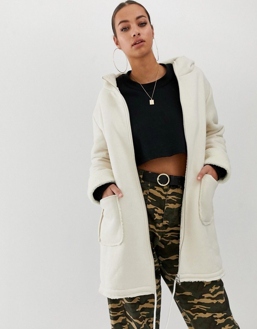 In The Style faux shearling and suede longline hoodied coat - Cream | ASOS US