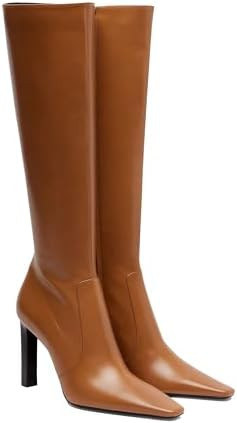 THESHY Women's Knee High Boots Pointed Toe Block Stiletto Heel Faux Leather Fashion Side Zipper C... | Amazon (US)