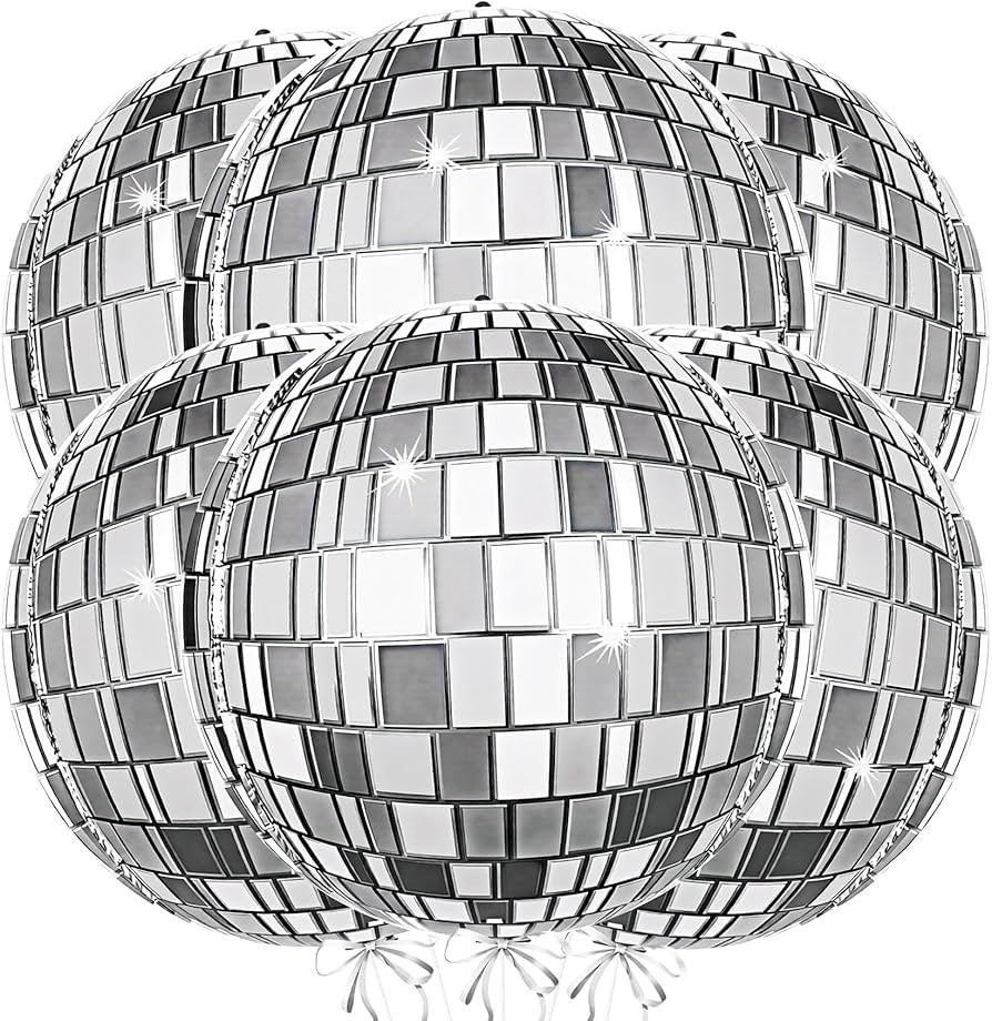 Silver Disco Ball Balloons, 6Pcs 22Inch 4D Metallic Silver Round Foil Balloon with Straw for Disc... | Amazon (US)