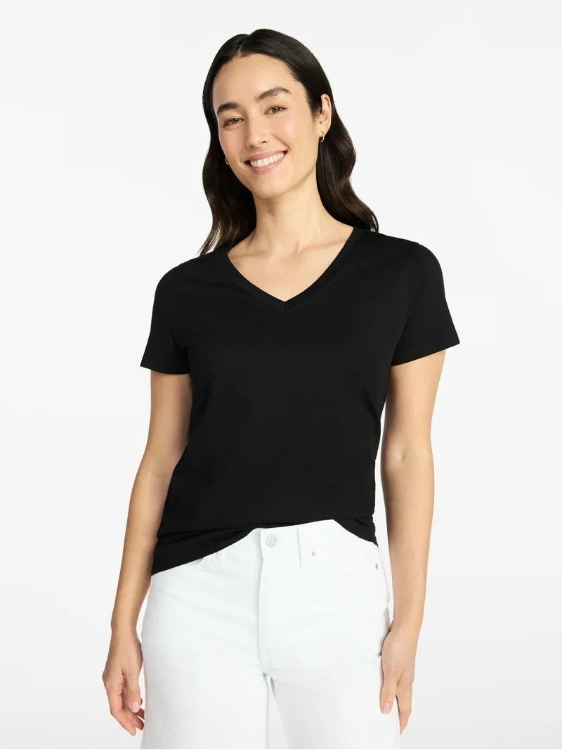 Time and Tru Women's Cotton V-Neck Tee with Short Sleeves, Sizes XS-XXXL | Walmart (US)