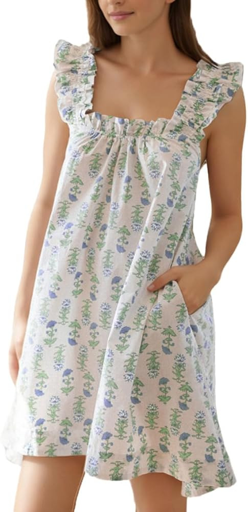 Womens Ruffle Sleeveless Nightgowns Soft Cute Printed Sleep Dress Comfy Lightweight Sleepwear | Amazon (US)