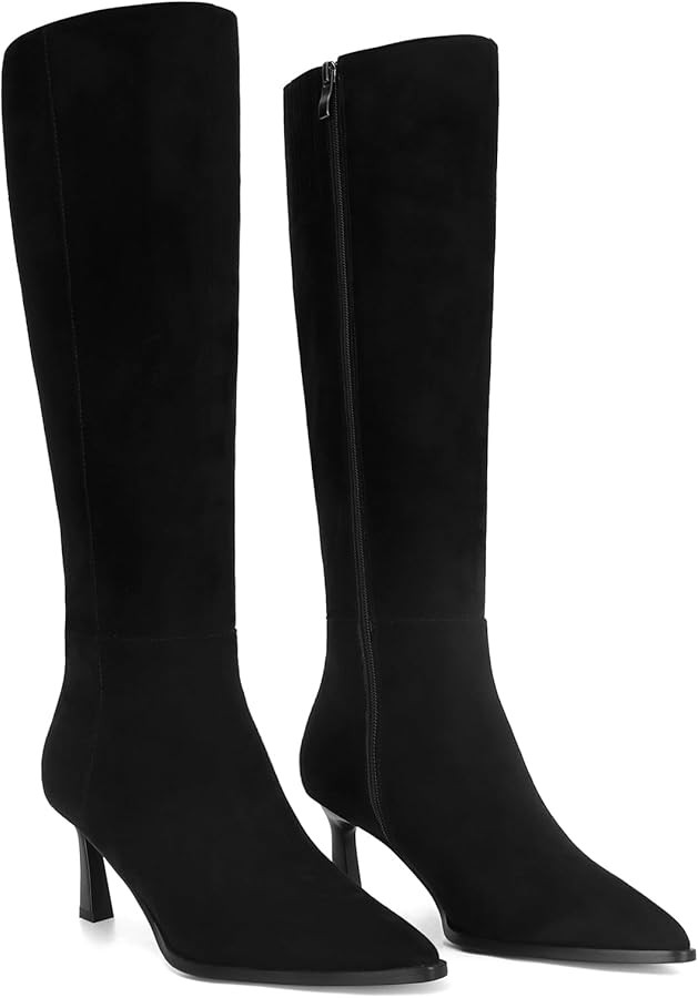 MICIFA Burgundy Kitten Heel Knee High Boots for Women Side Zipper Tall Leather Boots Pointed Toe ... | Amazon (US)