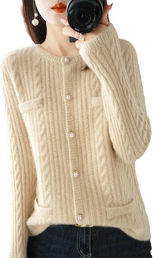 Women's O-Neck Flower Wool Cardigan Autumn and Winter Casual Knitted Loose Cashmere Jacket | Amazon (US)