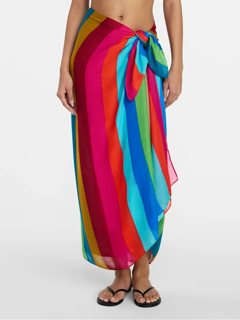 Time and Tru Women's Printed Pareo, One Size, Swim Stripe Red Delight | Walmart (US)