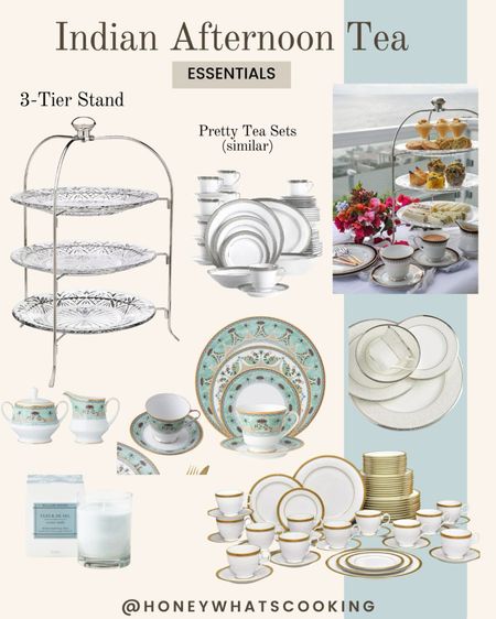 Indian afternoon tea. Love love this 3-tier stand I purchased a few years ago. Linking the exact one at macys and amazon. Candle from Williams Sonoma  Also linking similar tea sets from Noritake brand - the same brand I used. #afternoontea #teaset 