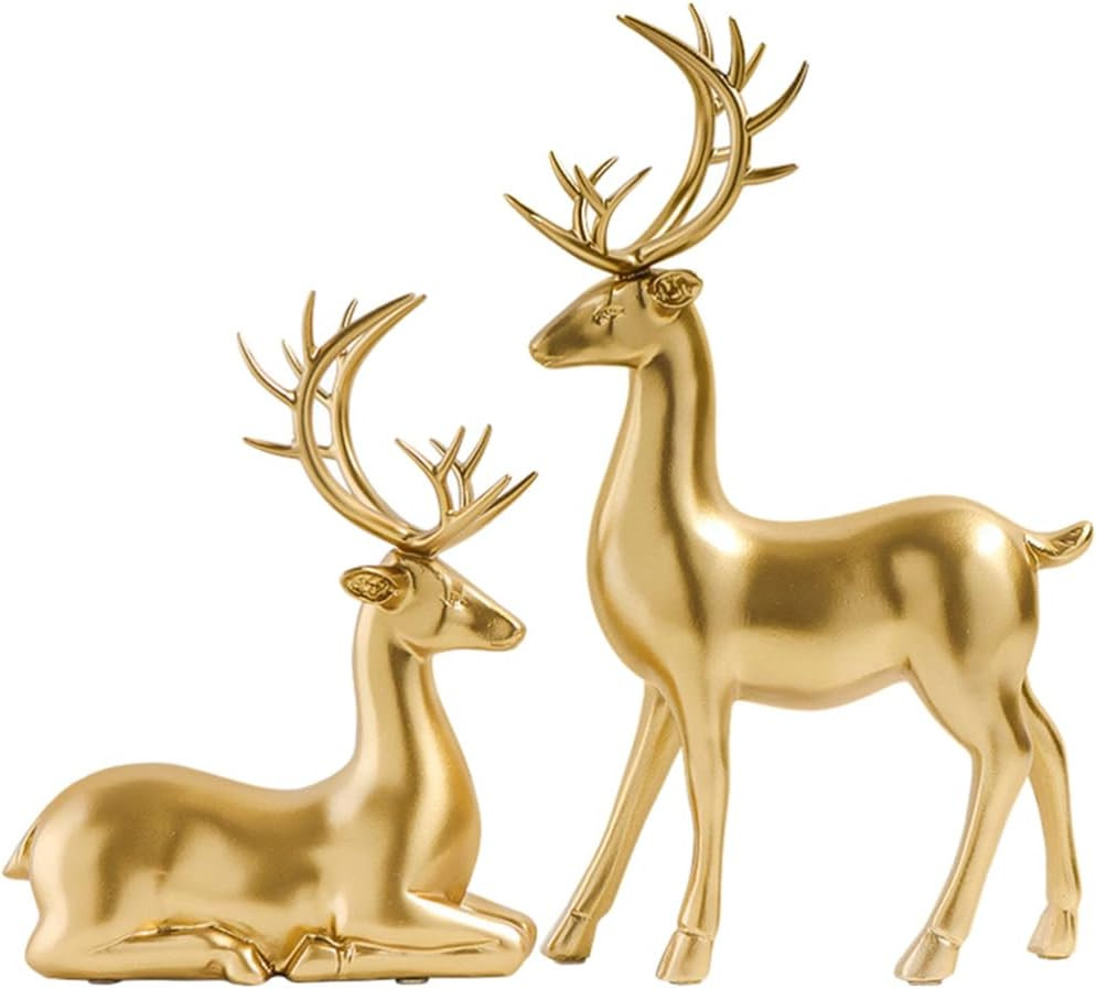 Beavorty Gold Christmas Reindeer Figurines 2pcs Resin Couple Deer Sculptures Mini Xmas Deer Statue Animal Table Centerpiece for Home Living Room Office Decor | Amazon (US)