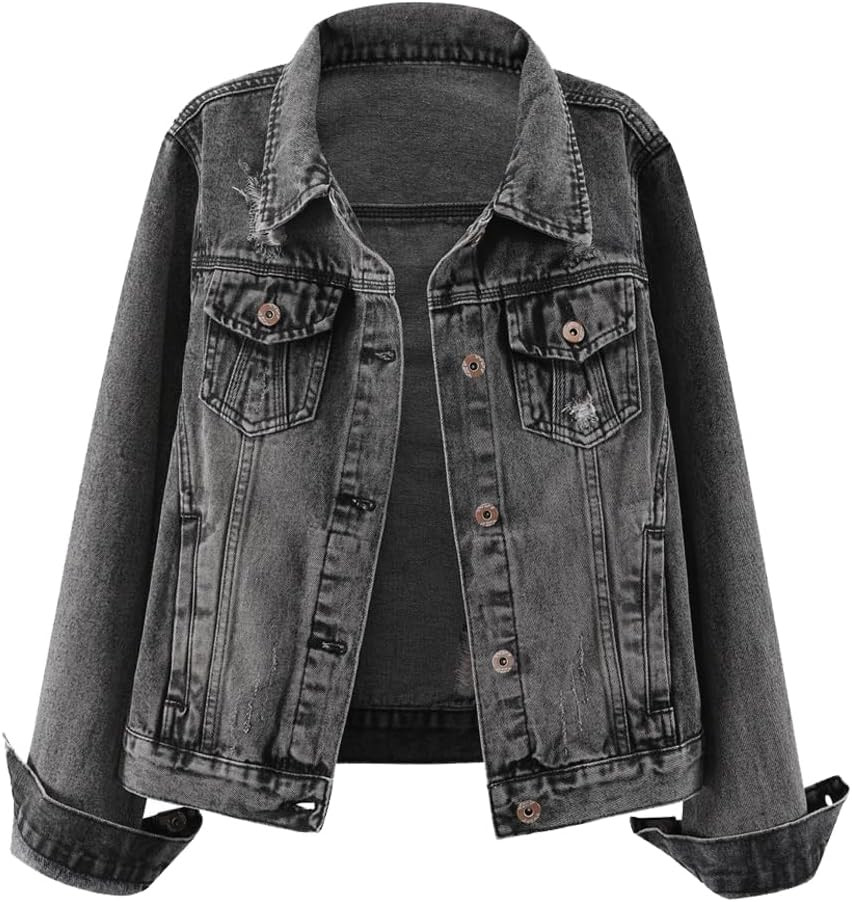 Womens Denim Jackets Distressed Ripped Long Sleeve Jean Jacket Coats | Amazon (US)
