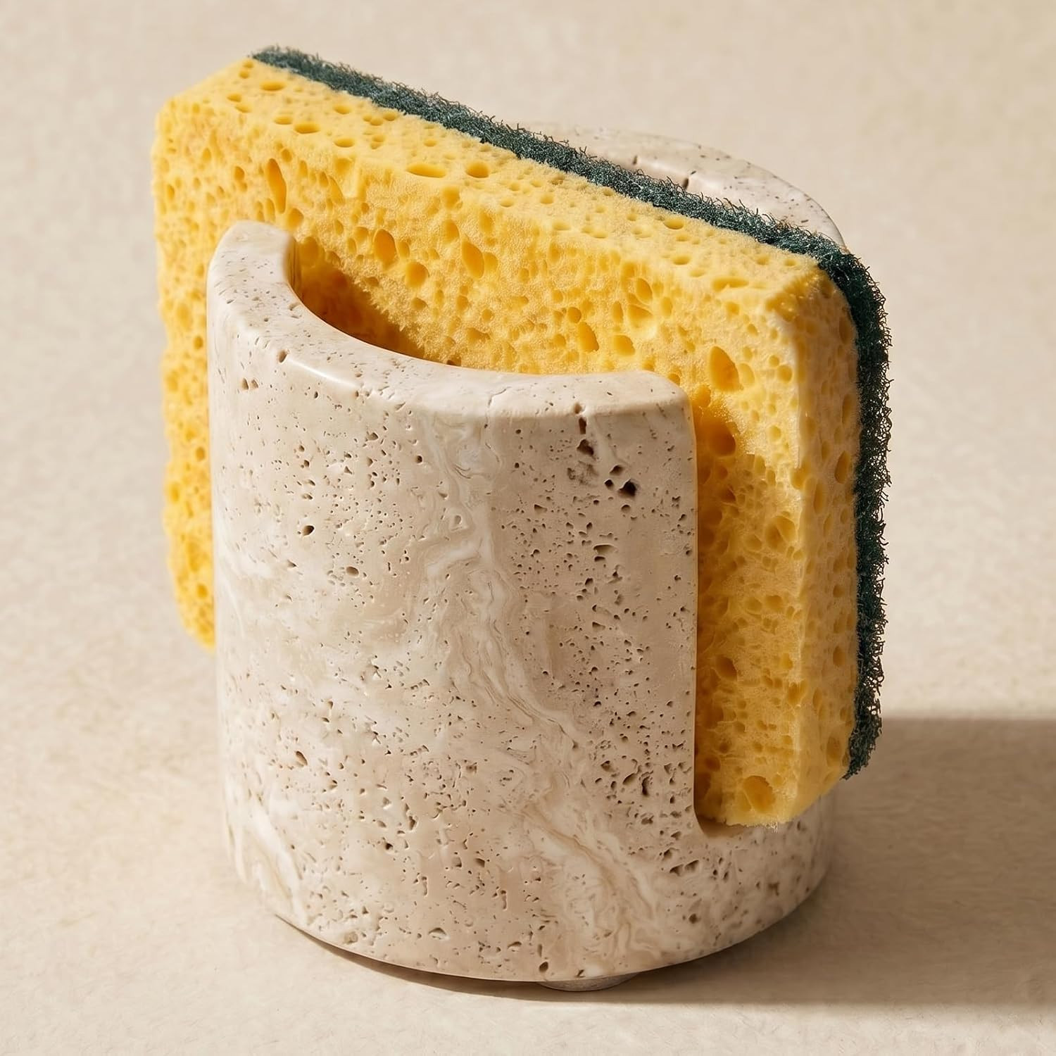 Natural Travertine Sponge Holder for Kitchen Sink - Luxury Stone Sponge Caddy, Quick-Drying Modern Minimalist Marble Kitchen Countertop Organizer - Housewarming Gift, Home Decor, Beige | Amazon (US)
