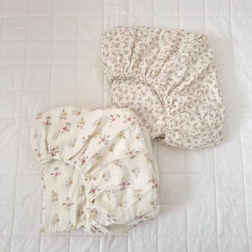 BuLuTu Muslin Floral Print Crib Sheets 2 Pack, Soft Breathable 100% Cotton Neutral Fitted Sheets Set for Standard Crib Mattress & Toddler Mattress 52"x28", Camellia & Azalea | Amazon (US)
