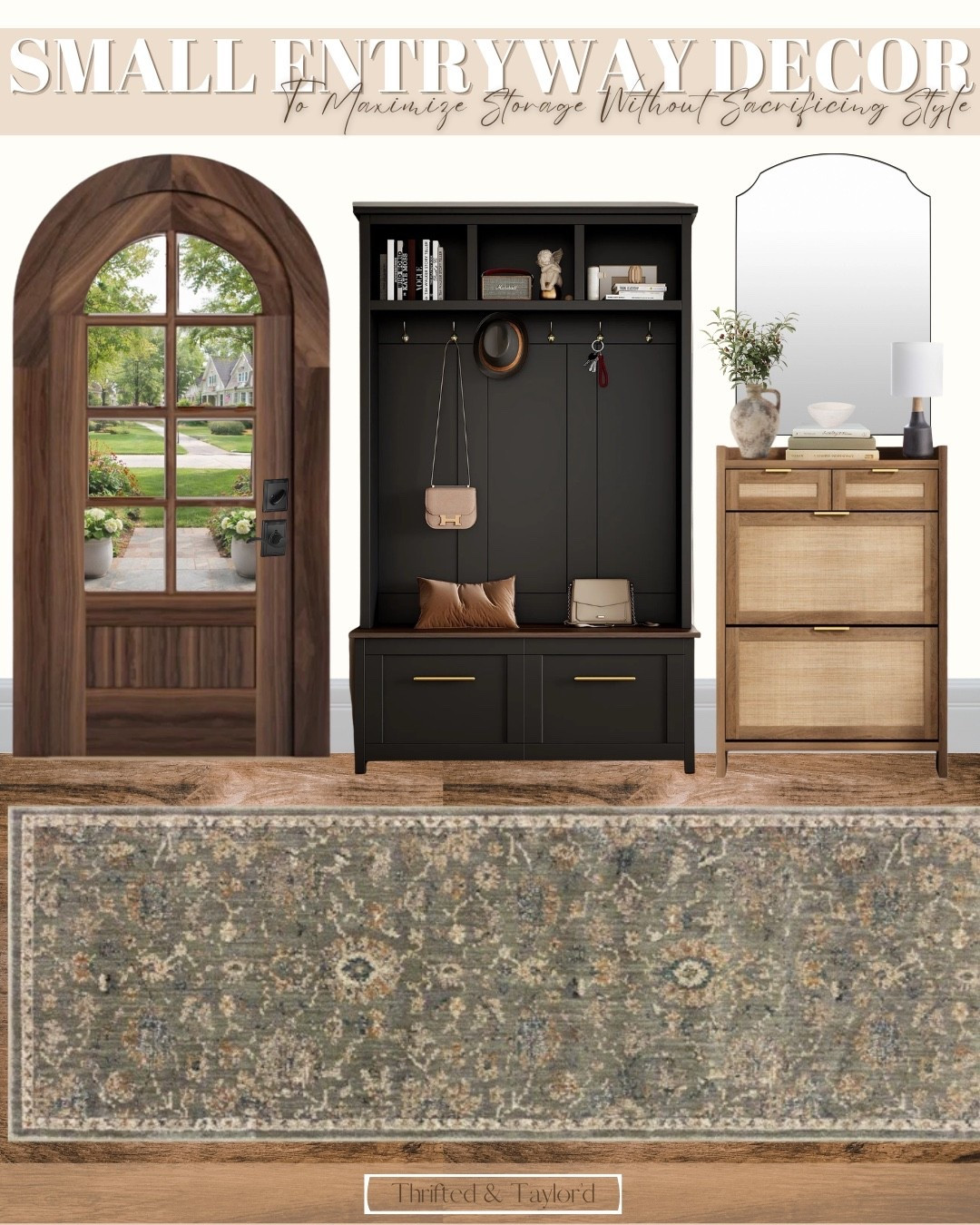 Small entryway decor like this makes even the most compact space feel intentional and welcoming. I love how the darker storage bench grounds the space while the warm wood tones and soft neutral accents keep everything feeling cozy and inviting.
The layered runner adds texture and warmth underfoot, while the hooks and drawers make everyday essentials feel organized instead of cluttered. It’s that balance of function and softness that makes a small entryway feel finished.
All of these pieces are linked so you can easily recreate this look or mix and match elements to fit your own space. 

#LTKHome