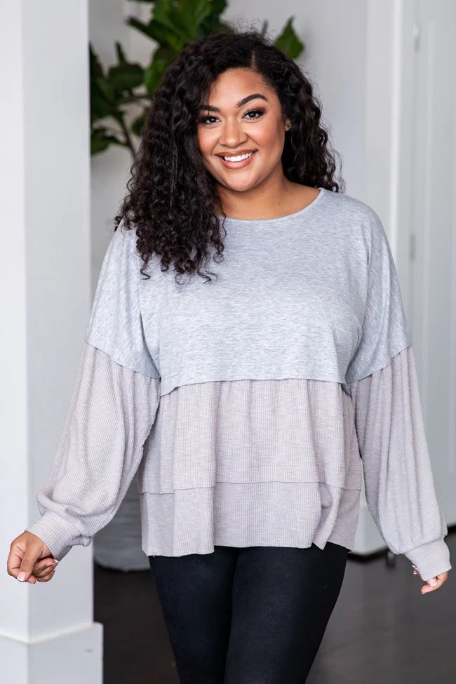 Daily Affirmations Heather Grey Tiered Waffle Knit Blouse | Pink Lily