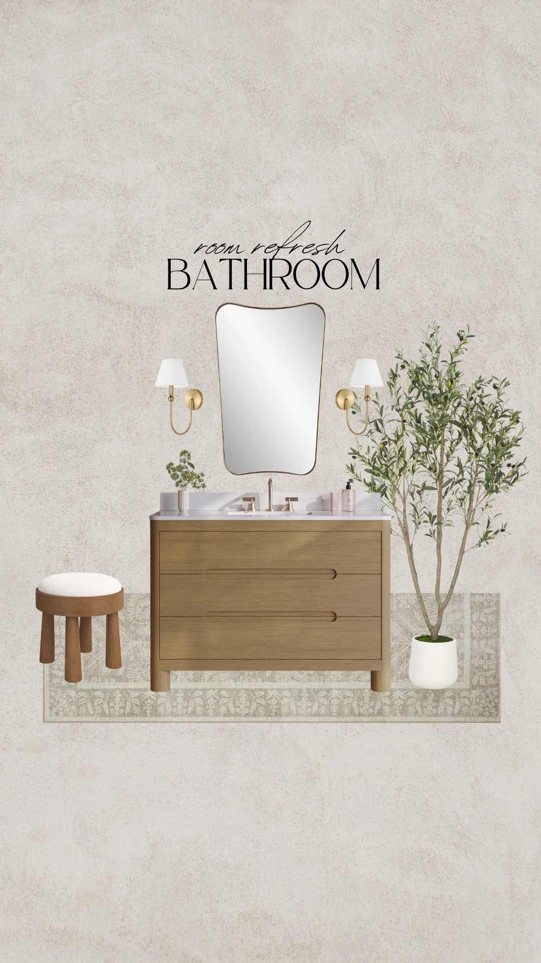 Transitional bathroom refresh, wood vanity, quartz countertop, gold mirror, abstract mirror, irregular mirror, gold wall sconce, gold sconce, gold lighting, olive tree, faux olive tree, white oak vanity, wood stool, upholstered ottoman, runner rug, traditional rug

#LTKHome #LTKSaleAlert #LTKSeasonal

#LTKHome #LTKSaleAlert #LTKFindsUnder100