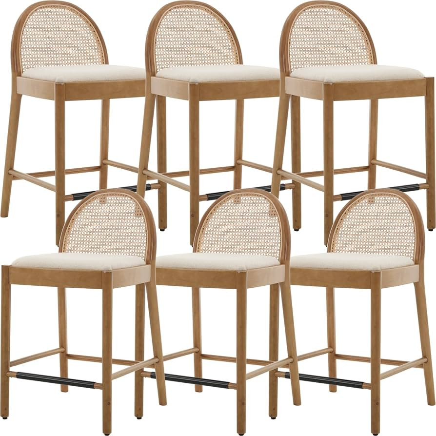 Mid-Century Bar Stools Set of 6, 26 Inch Rattan Back Sherpa Counter Height Barstools Comfy Uphols... | Amazon (US)