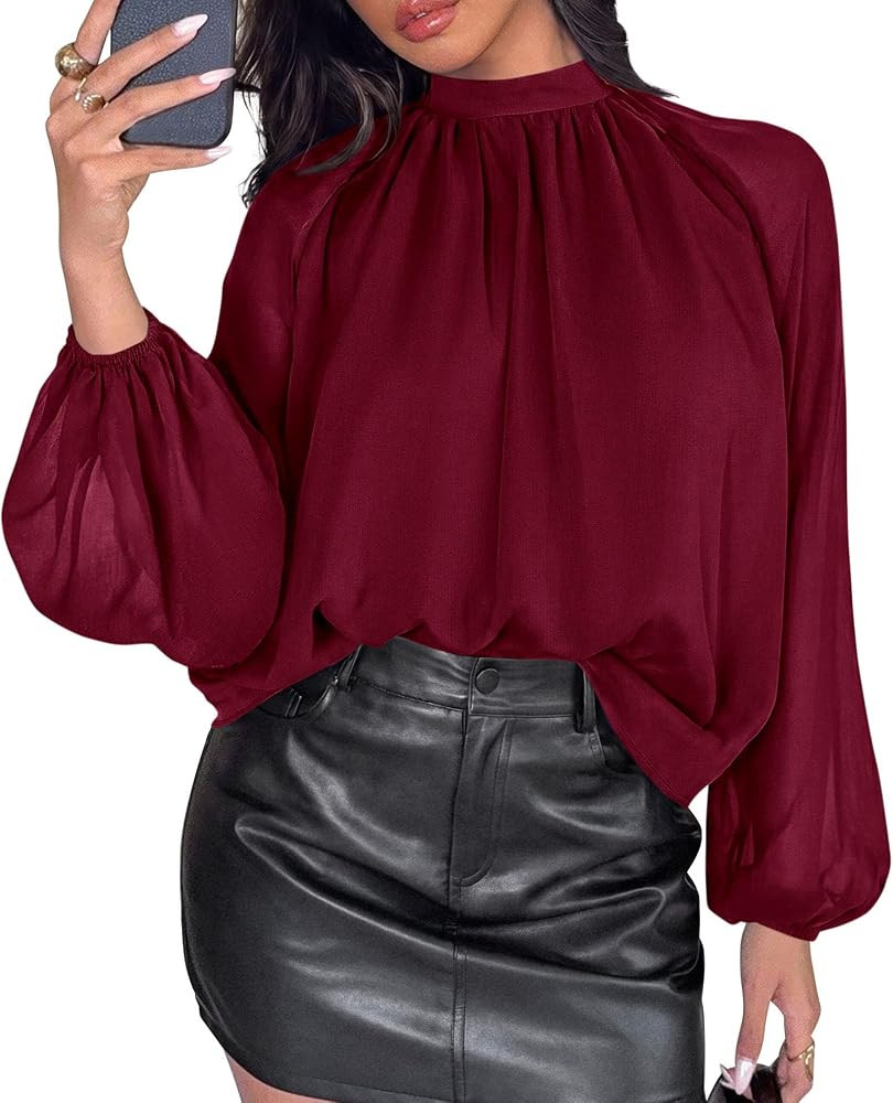 PRETTYGARDEN Chiffon Blouses for Women Dressy Casual Mock Neck Tops | Amazon (US)