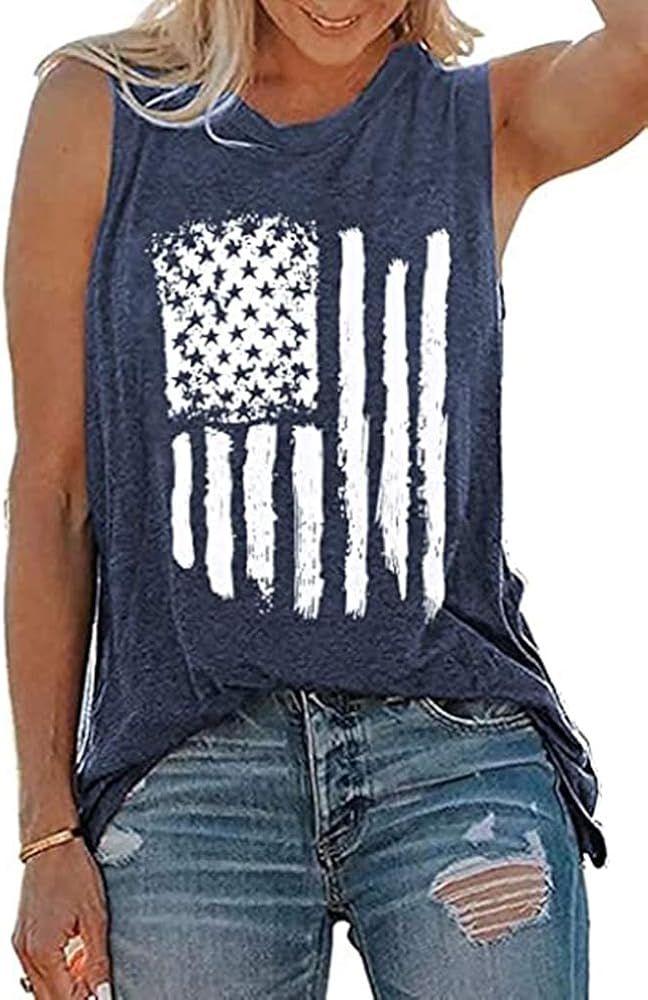 VILOVE 4th of July Tank Tops Shirts Women Distressed American Flag Graphic T-Shirt | Amazon (US)
