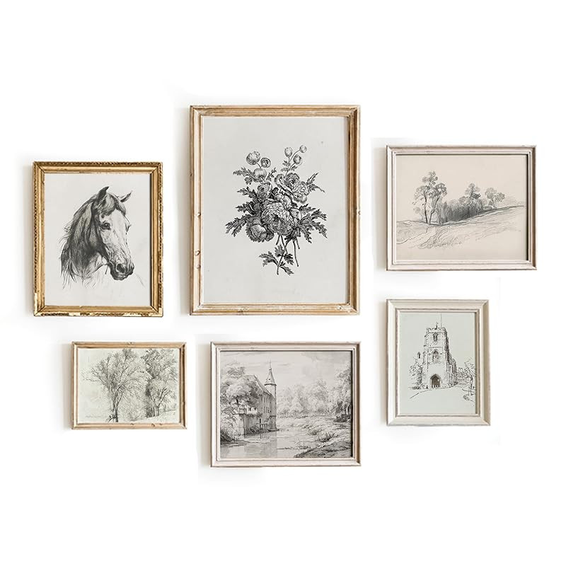Set 6 Vintage Prints For Wall Decor, French Country Farmhouse Decor, Sketches Wall Art, Horse Pic... | Amazon (US)