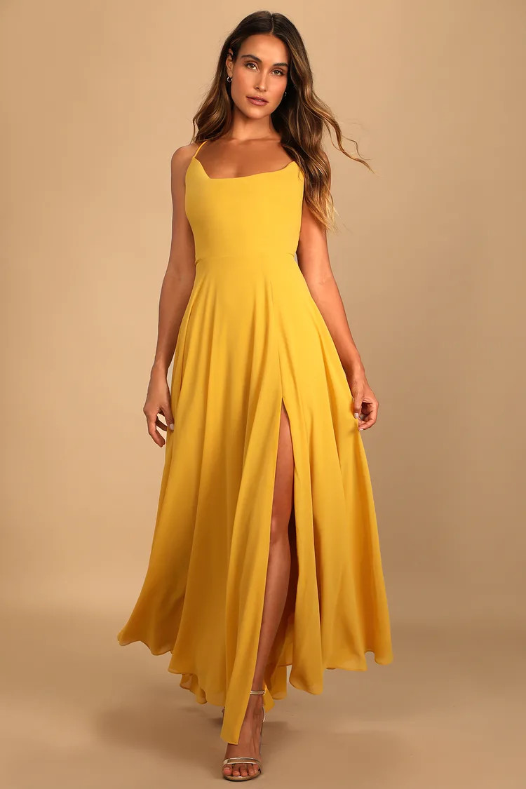 Romantically Speaking Mustard Yellow Cowl Lace-Up Maxi Dress | Lulus