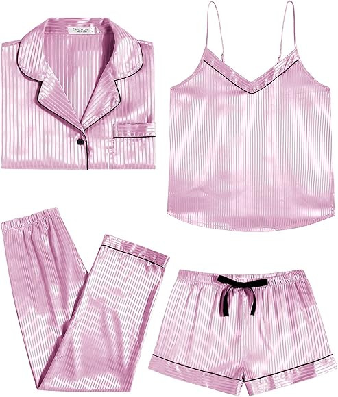Ekouaer Women's Striped Satin Pajama Set 4 Pcs Silk Sleepwear Long Sleeve Button Down Pjs Sexy Ca... | Amazon (US)
