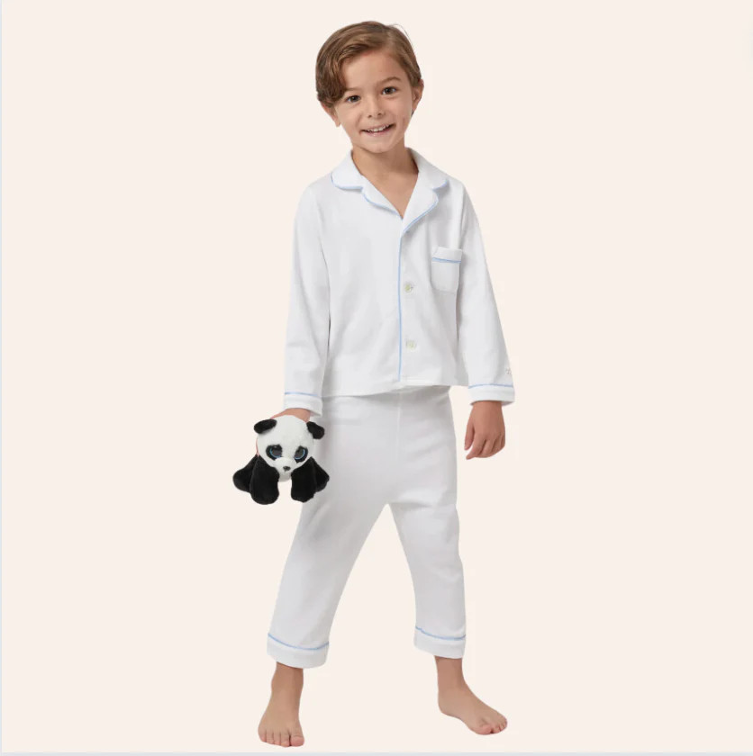 LTC Kids White Long Sleeve Pajama Pant Set with Blue Piping | Little Cottage Boutique
