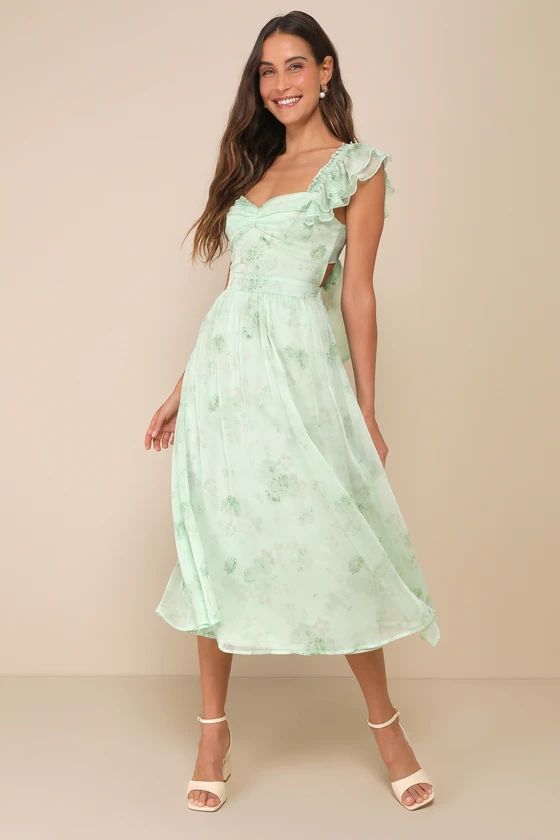 Loveliest Darling Light Green Floral Ruffled Tie-Back Midi Dress | Lulus
