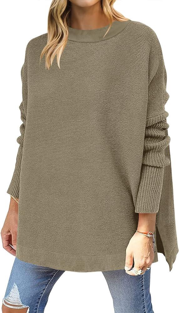 ANRABESS Women's Oversized Long Batwing Sleeve Round Neck Spilt High Low Hem Knit Tunic Pullover ... | Amazon (US)