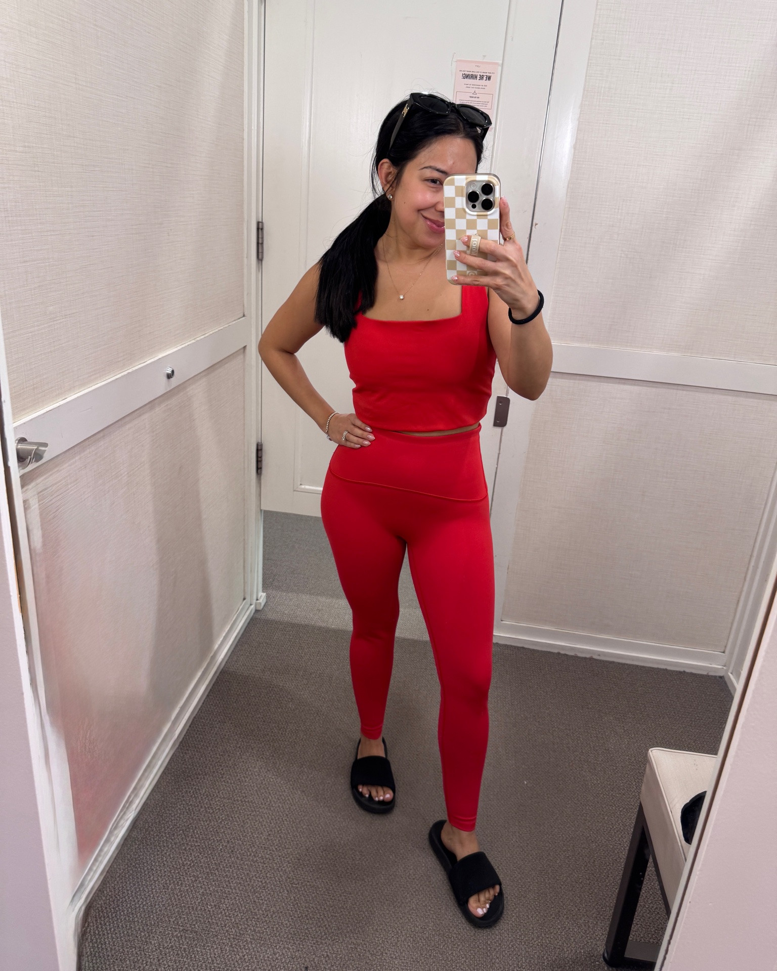 Spanx booty boost 7/8 leggings - size small (if between sizes, size up 1… this fit very snug but the medium a tiny big in the waist for working out). Make the booty look so good. 

Spanx square neck cropped shelf tank - size small (runs slightly big especially the straps which are not adjustable… aggravating to work out in because straps fall off my shoulders but love it for lounging).

Target slide sandals. Size 5 TTS. - I LOVEEE these. Super comfortable. Lightweight. On sale. I also linked the lululemon pair. Also great but target are cheaper and I love them.

#LTKfitnessgoals #LTKActive #LTKPetite