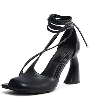 Women's Half-Open Square Toe Chunky High Heels Lace Up Heeled Sandals | Amazon (US)