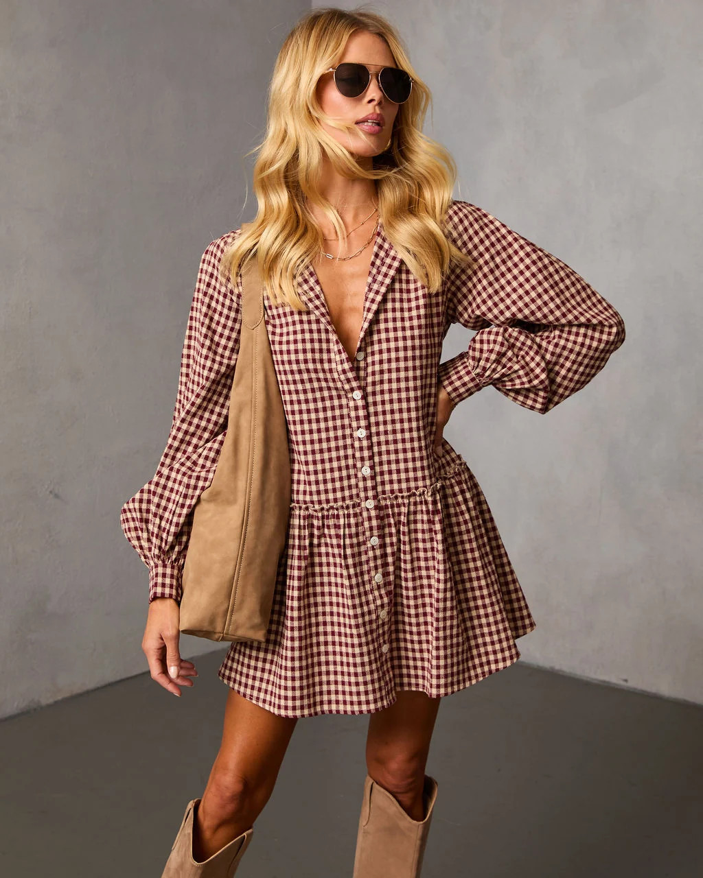Tawnya Gingham Mini Dress Burgundy / S | VICI